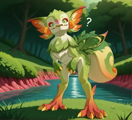 masterpiece, best quality, amazing quality, furry, (feral),
yumkasaurus, furred scalie, furred dragon, (large tail, round tail, thick tail), pink nose, cheek bulge, orange cheeks, multicolored body, multicolored tail, green fur, red feet, green hands, long legs, short arms, yellow claws, neck tuft, tail feathers, full body, yellow sclera, flesh fangs, green eyes, 4 toes, 3 fingers, leaning forward,
front view, from below, standing, looking at viewer, smile, swamp green tongue, parted lips, head tilt, ?,
BREAK,
detailed background, short green grass, green savannah background, river, tree, bushes,