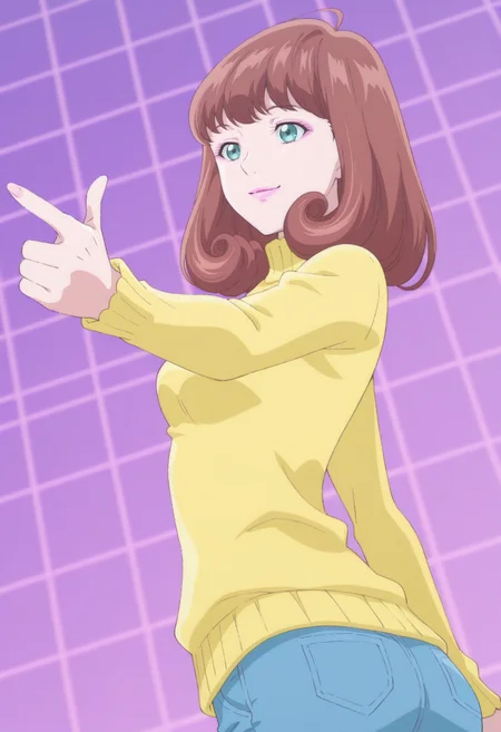 anime screencap, anime coloring, 1girl, solo, <lora:DX888MiraIL:1>gotokuji mira, aqua eyes, brown hair, medium hair, pink lips, yellow sweater, turtleneck sweater, capri pants, jeans BREAK purple background, grid background, BREAK dutch angle, from below, from side, dynamic pose, posing, smile, finger gun, twisted torso, upper body,