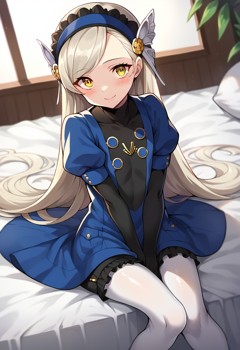score_9, score_8_up, score_7_up, source_anime, masterpiece, 1girl, ct_l4v3nza, platinum blonde hair, yellow eyes, blue short dress, puffy short sleeves, black elbow gloves, white pantyhose, black bloomers, shiny skin, smile, blush, looking at viewer, indoors, depth of field, sitting, bed, <lora:Lavenza_p5_ct:0.9>