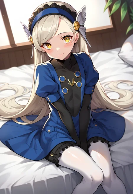 score_9, score_8_up, score_7_up, source_anime, masterpiece, 1girl, ct_l4v3nza, platinum blonde hair, yellow eyes, blue short dress, puffy short sleeves, black elbow gloves, white pantyhose, black bloomers, shiny skin, smile, blush, looking at viewer, indoors, depth of field, sitting, bed, <lora:Lavenza_p5_ct:0.9>