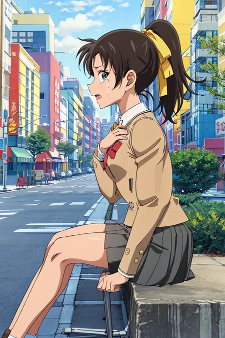kazuhatv,1girl,solo,short hair,hair ribbon,ponytail,small breasts,school uniform, pleated skirt,sky,cityscape,crying,from side, sitting, looking at viewer, hand on own chest,street,
<lora:kazuhatv:0.8>