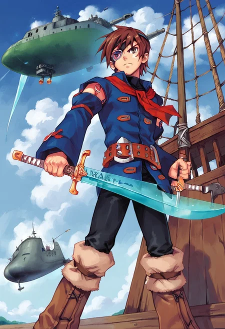 score_7_up, score_8_up, score_9_up, BREAK, vyse, brown hair, short hair, scar on face, brown eyes, eyepatch, serious, red neckerchief, blue tunic, detached sleeves, belt, black pants, knee boots, male focus, solo, holding, sword. holding weapon. holding sword, dual wielding, sky, cloud, airship
