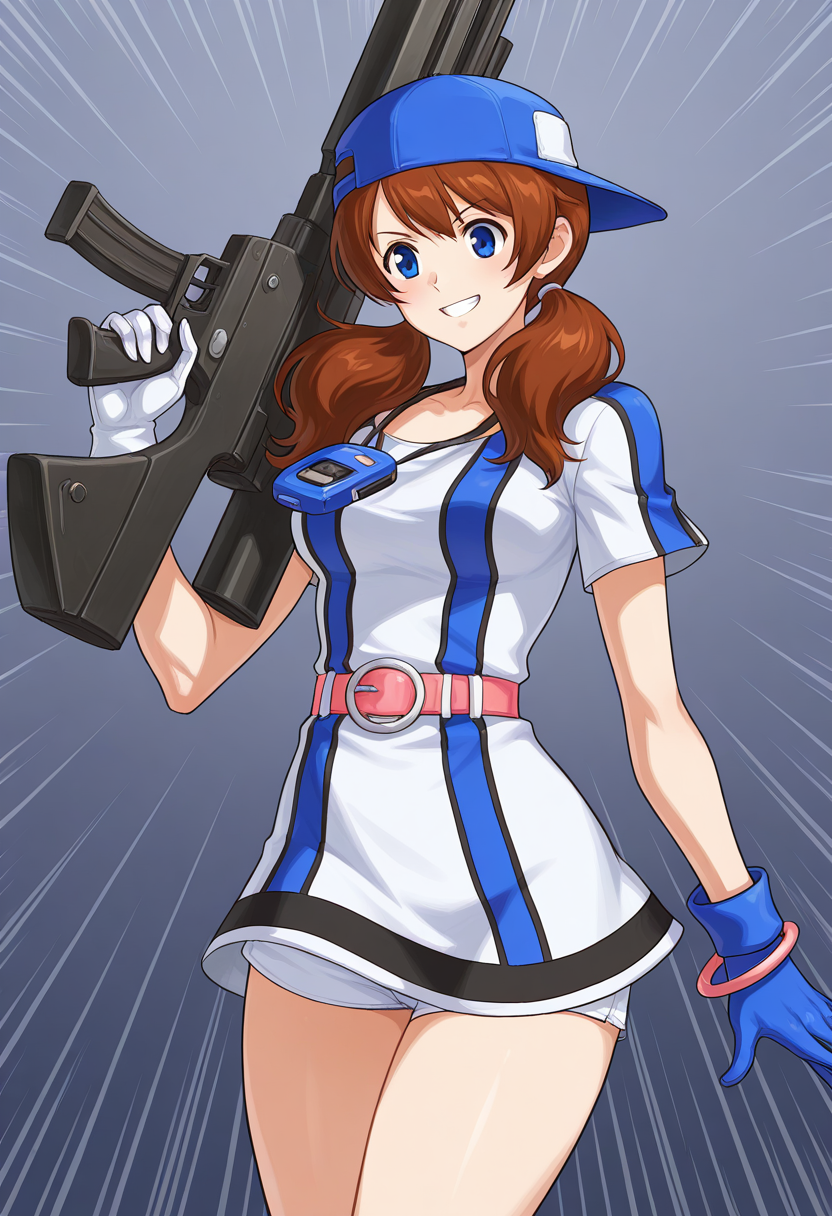 masterpiece, best quality, ultra-detailed, absurdres, newest, 1girl, solo, aingbc, brown hair, long hair, low twintails, blue eyes, baseball cap, multicolored dress, short sleeves, neo geo pocket color necklace, blue gloves, white gloves, bracelet, belt, white shorts under dress, holding rifle, huge weapon, grin, confident smile, emphasis lines,