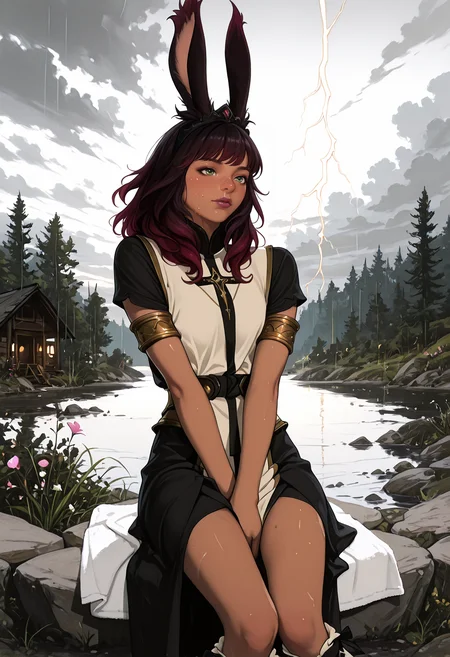 realistic, very awa, ambient occlusion, ray tracing, [sei_shoujo], [yoshiten], [takeuchi_takashi], [libbyframe], style parody, [bang_dream!], [arcane:_league_of_legends], [league_of_legends], saturated, colorful, (dynamic angle:1.3), (cowboy shot:1.2) BREAK 1girl, solo, <lora:Final_Fantasy_XIV_Races_Female_Viera_for_IllustriousXL:0.5> rabbit_girl, viera, <lora:anti_human_ears:0.7> dark ruby hair, soft bangs hair with hairband, rabbit ears, green eyes, body freckles , oily skin (brown skin:1.2), thicc body, thin thighs, long legs, , perfect hands, colored lips, (inspired), side eye BREAK cleric, wearing fishnet blue leather bishop's mantle, (detailed red wool armor tabard), armlets,, holy symbol, angavastra, slit skirt, ribbon-trimmed boots, BREAK medieval, fantasy, outdoors, detailed landscape, narrow river, flowing water, flowers,rocks,cabin, sitting, knees together feet apart , v arms, on towel, riverbank, summer, sunrise, soft light, long shadows, grey sky, overcast, cloudy sky, rain , lightning, wind,,, dynamic lighting BREAK <lora:Face_Enhancer_Illustrious:0.6> <lora:DarkerThanDarkIllustriousV1:0.5> <lora:Sketchy_Pinup_Style_Illu_Edition:0.7> SP-Illu <lora:E-Girl_PFP_Style:0.6> EGirlPFP