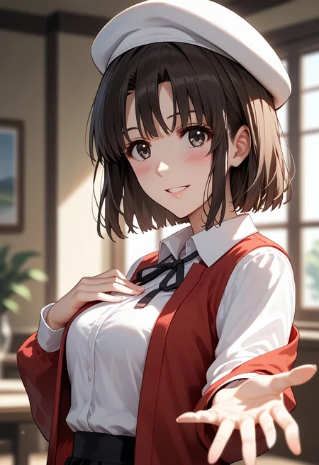 score_9,score_8_up,score_7_up,source_anime, katou megumi,1girl,blush,smile,shirt,long sleeves,dress,hat,ribbon,jacket,white shirt,upper body,parted lips,open clothes,solo focus,indoors,blurry,open jacket,from side,window,neck ribbon,black ribbon,blurry background,depth of field,white headwear,beret,outstretched arm,hand on own chest,red jacket,out of frame,
