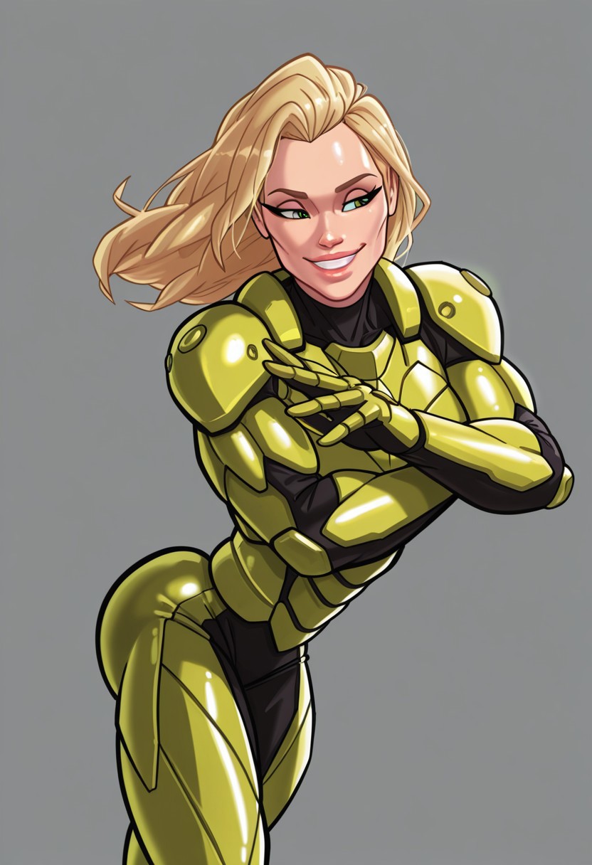 d4rgod3n, 
1girl, simple background, grey background, blonde hair, green eyes, smiling, 
blurry background, detailed foreground, dynamic posing,