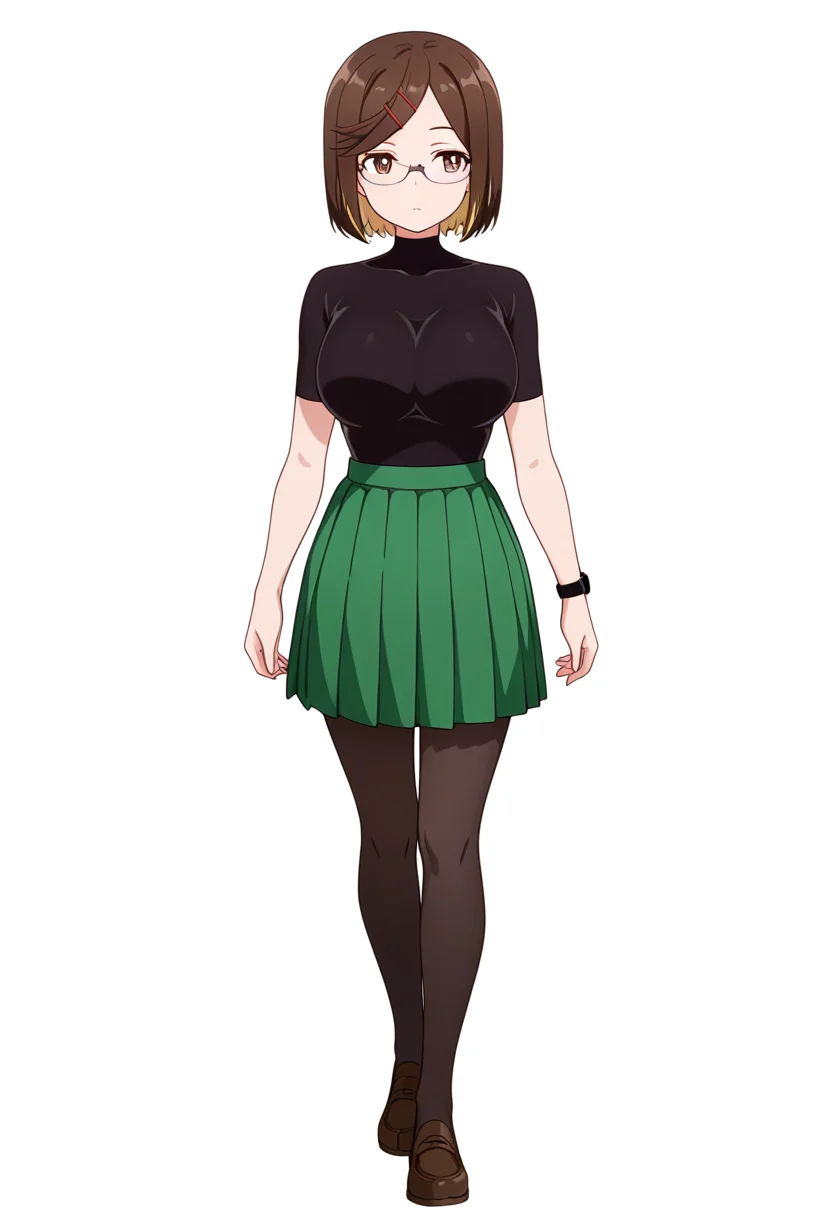 masterpiece,high quality details, absurdres,
<lora:Konoha_Koga:0.8>koga_cnr, 1girl, brown hair, short hair, brown eyes, blonde hair, two-tone hair, large breasts, semi-rimless eyewear,hairclip,
koga_s1,green pleated skirt,black pantyhose, loafers, wristwatch,black bodysuit, short sleeves,, simple background, white background, front view,solo,