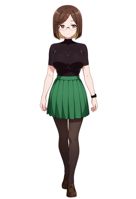 masterpiece,high quality details, absurdres,
<lora:Konoha_Koga:0.8>koga_cnr, 1girl, brown hair, short hair, brown eyes, blonde hair, two-tone hair, large breasts, semi-rimless eyewear,hairclip,
koga_s1,green pleated skirt,black pantyhose, loafers, wristwatch,black bodysuit, short sleeves,, simple background, white background, front view,solo,