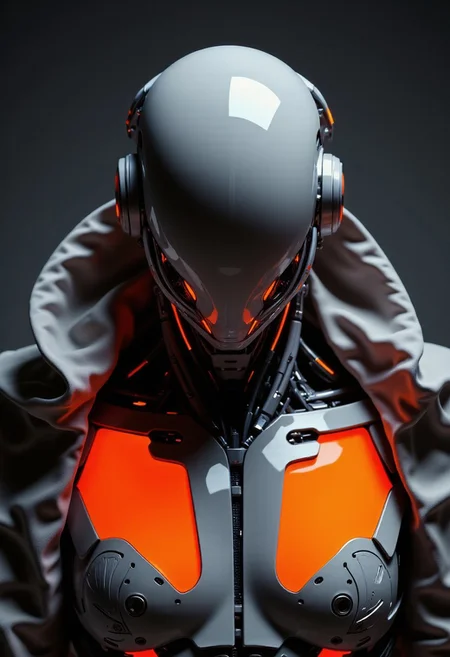 Avant-Garde Photoshoot: Monochrome High-Fashion with Neon Orange Highlights
A striking, high-fashion photoshoot capturing the upper body of an ajpasbot, a faceless Yakuza android. The scene is set in a minimalist, avant-garde studio, with the subjectâs porcelain-smooth dome-shaped head, featureless and sculpted with soft, flowing curves. The android's face is entirely abstract, exuding an enigmatic, otherworldly presence, illuminated by dramatic monochrome lighting.
The chest and shoulders are draped in textured, sculptural materials, resembling swirling, impasto oil-paint-like strokes. These swirling patterns mimic the chaos and intensity of Van Goghâs brushwork, now translated into sleek, modern forms. The surface of the androidâs upper body appears to be alive, with abstract, chaotic lines and sharp angles, capturing a dynamic interplay of shadows and highlights.
Radiating outward from the center of the chest, neon luminous orange highlights pierce through the monochrome darkness, providing a stark contrast to the muted tones of the scene. The lighting is harsh yet elegant, casting sharp shadows and highlighting the striking curves of the android's form.
In the background, smoky spirals and abstract shapes subtly dissolve into the void, creating an otherworldly atmosphere that feels like a dream frozen in time. There are no traditional props, just the interplay of light, texture, and the androidâs form, making the entire shot feel both ethereal and highly stylized.