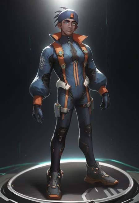 score_9, score_8_up, science fiction, exploration bodysuit, solo, 1boy, male focus,  dark-skinned male,  looking at viewer, raihan_hat, full body, earrings,