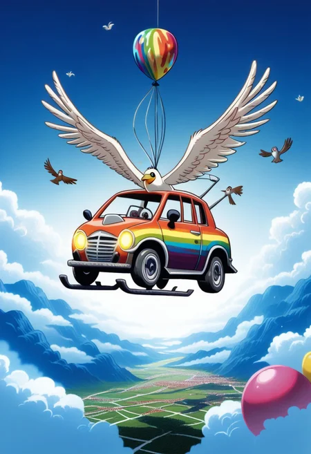 ppstorybook, A whimsical, flying van made of shingles with rainbow-colored paint and oversized wheels, soaring through the clouds with balloons made of shingles trailing behind, surrounded by fluffy clouds made of shingles and playful birds made of shingles , depicted in a cheerful, cartoonish style with soft pastel hues. mad-shingles