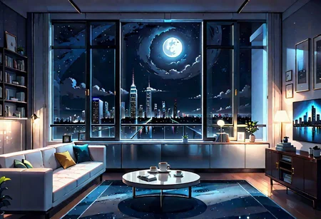 ((front view)), Shallow scene, ((animation style)), modern-style interior, with white walls, (large windows), a  study, Sofa, coffee table, bookcase, single wall, (gloomy room), Turn off the indoor lights , quiet and mysterious night sky, starry sky, moonlight, city night view, (City high-rise building scenery), (City scenery outside the window)