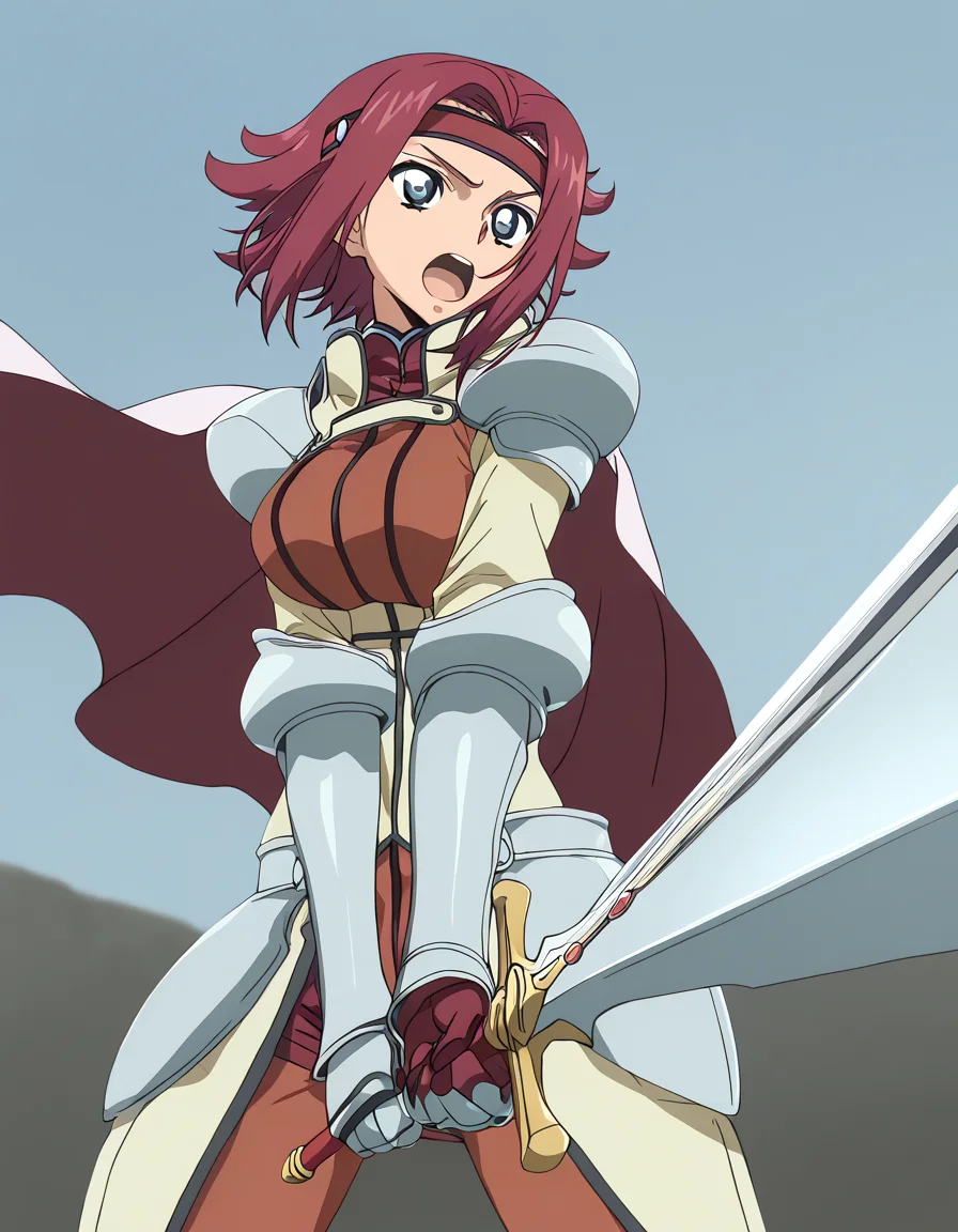 masterpiece, best quality, newest, absurdres, highres, safe,, <lora:kallen-stadtfeld-s1-ponyxl-lora-nochekaiser:1>, kallen stadtfeld, blue eyes, red hair, short hair, large breasts, anime screencap, <lora:sunrise-stance-illustriousxl-lora-nochekaiser:1>, sunrise stance, weapon, sword, solo, open mouth, holding weapon, holding, holding sword, <lora:knight-ponyxl-lora-nochekaiser:1>, knight, armor, cape, shoulder armor, gauntlets, helmet, pauldrons, red cape,, ,