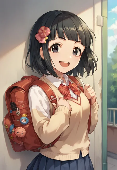 score_9, score_8_up, score_7_up, source_anime,niwa hitomi, black hair, short hair, black eyes, 1girl, solo, hair ornament, school uniform, skirt, smile, backpack, looking at viewer, open mouth