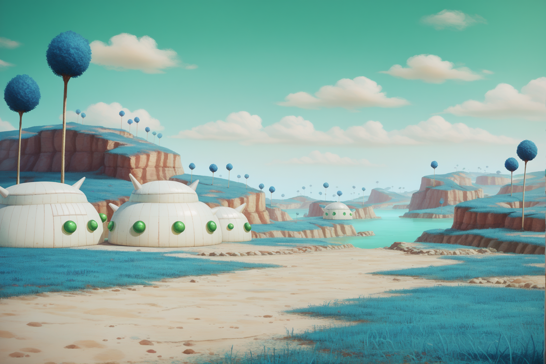 score_9, score_8_up, score_7_up, score_6_up,namek,scenery,realistic, village,building,blue grass, tree,green water,table,crops,hill, plateau, green sky,  <lora:NamekPony:1.1>