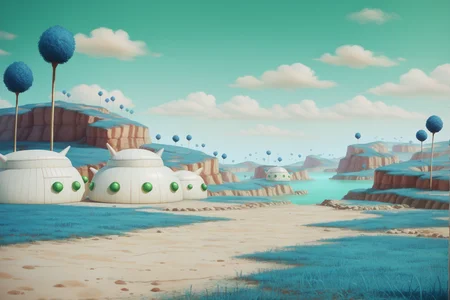 score_9, score_8_up, score_7_up, score_6_up,namek,scenery,realistic, village,building,blue grass, tree,green water,table,crops,hill, plateau, green sky,  <lora:NamekPony:1.1>