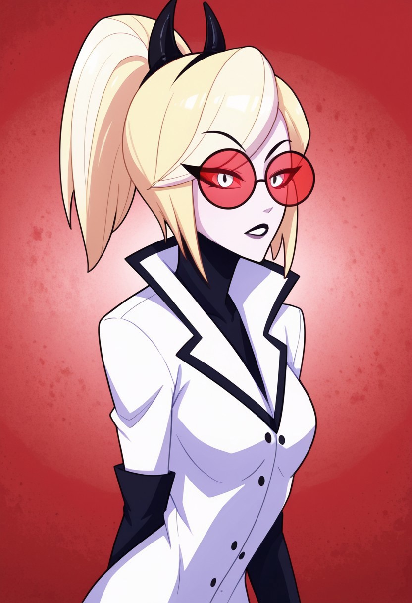 score_9, score_8_up, score_7_up,
masterpiece, best quality, detailed, amazing quality,
detailed background,
detailed eyes, clean eyes, 
dynamic pose,
solo, 1woman, woman,
easynegative,
0d3tt3_c4rm1n3, blonde hair, white skin, red white eyes, red glasses, horns, high ponytail
