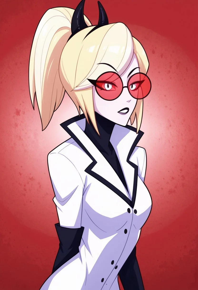 score_9, score_8_up, score_7_up,
masterpiece, best quality, detailed, amazing quality,
detailed background,
detailed eyes, clean eyes,
dynamic pose,
solo, 1woman, woman,
easynegative,
0d3tt3_c4rm1n3, blonde hair, white skin, red white eyes, red glasses, horns, high ponytail