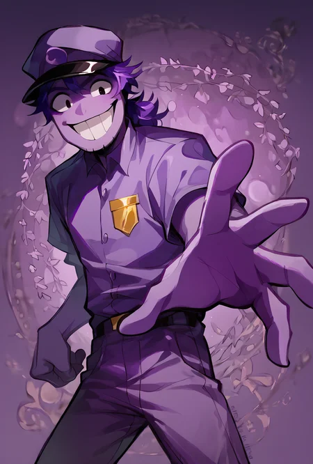 score_9, score_8_up, score_7_up,, good quality ,, character focus, solo,, best quality , detailed background, <lora:vincent-08:1> vincent, purple hat, purple uniform, 1boy, smile, grin, purple skin, purple hair, <lora:PepePunchMeme_XLPD:1> IncrsPunchMeme, incoming punch