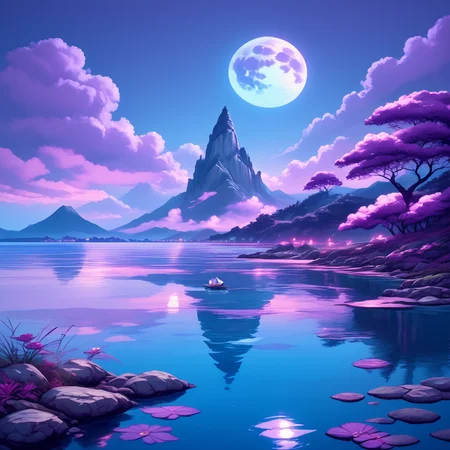 core_9, score_8_up, score_7_up, score_6_up, <lora:Ars_Niji_Style_Pony:1> ArsNijiStyle, moonlit lake, The image is a digital illustration of a beautiful landscape. It shows a person standing on a rocky shore looking out at the sea. The person is wearing a blue dress and a conical hat and is holding a book in their hand. The sea is calm and there is a small boat on the water. The sky is blue with a full moon in the top right corner. The mountains in the background are covered in pink and purple clouds and the overall mood of the image is peaceful and serene., 1girl, outdoors, moon, cloud, solo, sky, scenery, hat, water, tree