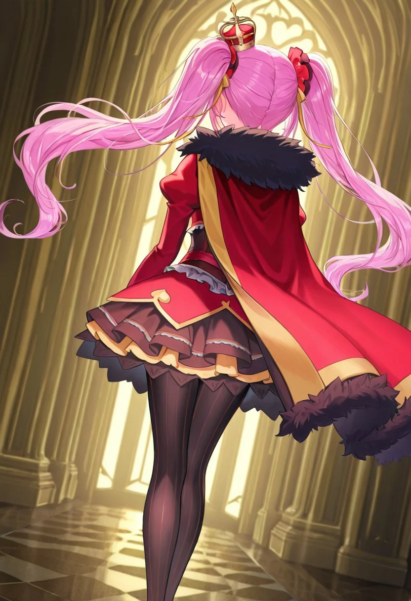 masterpiece, best quality, amazing quality, very aesthetic, high resolution, ultra-detailed, absurdres, newest, scenery, 1girl, solo,
slokai_illust, long hair, twintails, crown, heterochromia, gloves, dress, pink hair, pantyhose, gold and red fur-trimmed cape, Dutch angle, looking from behind, from behind, (((looking at viewer))),
BREAK, detailed background, detailed hair, depth of field, photorealistic details, volumetric lighting