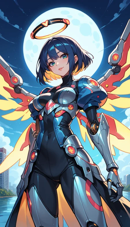 score_9, score_8_up, score_7_up, Anime Style, Portrait, mechangel girl, cute, seductive, innocent, light smile:0.3, plump lips, slender body, glowing wings, solo, glowing armor, glowing halo, building, glowing mechanical 4 wings light passing through hair, full moon night, lake background, depth of field, dynamic angle, fashion photography, sharp, hyperdetailed:1.15