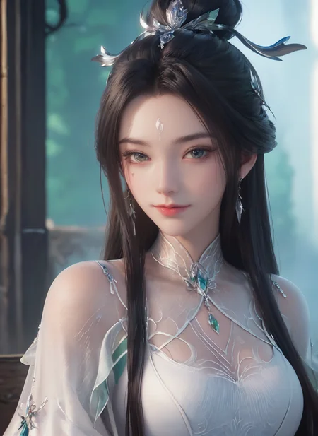(cowboy_shot:1.4),ultra realistic 8k cg,picture-perfect face,flawless,clean,masterpiece,professional artwork,famous artwork,cinematic lighting,cinematic bloom,perfect face,beautiful face,beautiful eyes,fantasy,dreamlike,unreal,science fiction,absurdly long hair,very long hair,(rich:1.4),detail,delicate pattern,charming,alluring,seductive,erotic,enchanting,hair ornament,looking at viewer,sexy,charming,alluring,seductive,
<lora:luxueqi_V1-000008:1>,1girl,black hair,white dress,dress,earrings,facial mark,forehead mark,green dress,hair bun,hair ornament,jewelry,long hair,single hair bun,solo,weapon,smile,
