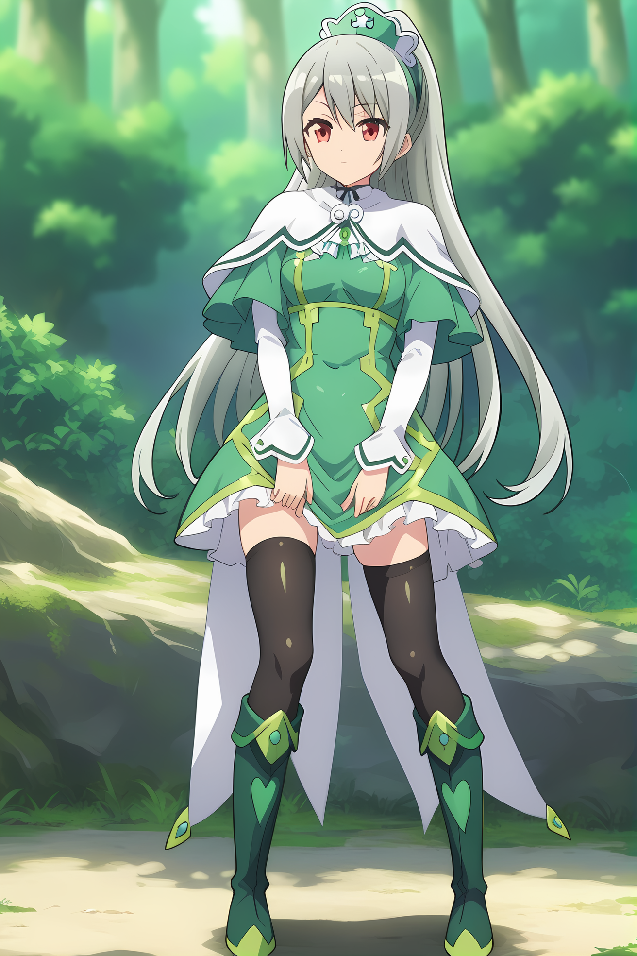 (green dress white capelet green headdress black thighhighs green boots:1.40), ig-maidena, grey hair, red eyes, 1girl, solo, skinny, score_9, score_8_up, score_8, score_7_up, score_7, score_6_up, score_6, score_5_up, score_5, source_anime, (horny:1.10), 0.2:outdoors forest, (full body:1.20), (3koma:1.20), , <lora:ig-maidena-V01-000003:0.80> medium breasts, ponytail