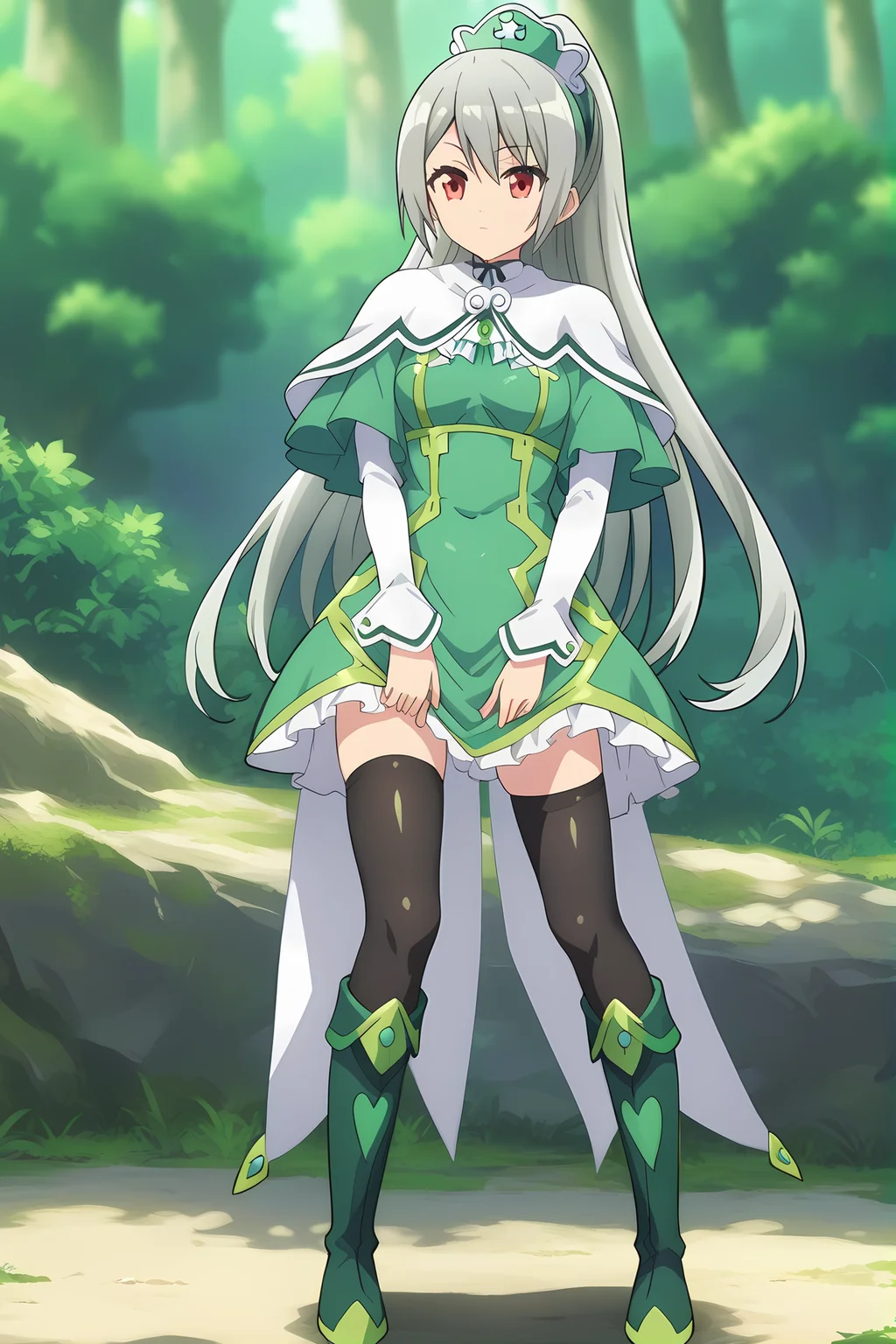 (green dress white capelet green headdress black thighhighs green boots:1.40), ig-maidena, grey hair, red eyes, 1girl, solo, skinny, score_9, score_8_up, score_8, score_7_up, score_7, score_6_up, score_6, score_5_up, score_5, source_anime, (horny:1.10), 0.2:outdoors forest, (full body:1.20), (3koma:1.20), , <lora:ig-maidena-V01-000003:0.80> medium breasts, ponytail