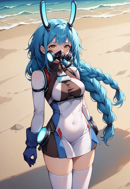 score_9, score_8_up, source_anime, 1girl, solo, BoiseDefault, yellow eyes, blue hair, long hair, braid, fake animal ears, mechanical ears, respirator, tube dress, multicolored dress, white dress, black dress, see-through, long sleeves, blue gloves, short dress, white thighhighs, standing, outdoors, beach, <lora:ChamBoisePonyXL:1>