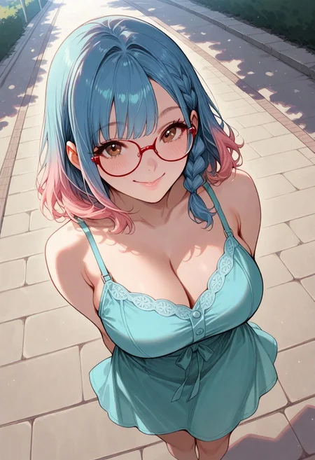 masterpiece, best quality, 32k, high resolution, absurdres, 1girl, Beth, BethRH, cute face, medium hair, side braid, blue hair, pink gradient hair, brown eyes, detailed eyes, large breasts, curvy, big squared eyeglasses, red framed eyeglasses, clear eyeglasses lens, HD32k, high angle view, smiling, looking at the viewer, cyan sundress, pink details, outdoors, aesthetic, detailed, sunny