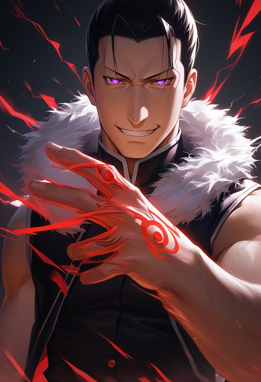 score_9, score_8_up, score_7_up, score_6_up, perfect anatomy, perfect proportions, best quality, masterpiece, high_resolution, high quality, aesthetic, absurdres, (male focus), solo male, source_anime, anime coloring, Greed, GreedFMAPony, black hair, short hair, purple eyes, (sanpaku, small pupils, thin eyebrows:1.5), sleeveless, black vest, white fur trim, black pants, adult, mature, masculine, manly, handsome, charming, alluring, standing, portrait, headshot, close-up, from front, dutch angle, dark background, dark atmosphere, look at viewer, (one arm raised over face, show arm), sleeves rolled up, BREAK ouroboros homunculus red hand tattoo \(Fullmetal Alchemist\), glow tattoo, red lightning, red glow, electrokinesis, command spell, perfect lighting, cinematic, dynamic angle, sweat drop, fighting stance, serious, angry, mad, grin