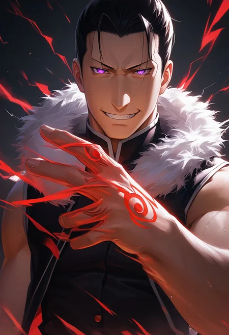 score_9, score_8_up, score_7_up, score_6_up, perfect anatomy, perfect proportions, best quality, masterpiece, high_resolution, high quality, aesthetic, absurdres, (male focus), solo male, source_anime, anime coloring, Greed, GreedFMAPony, black hair, short hair, purple eyes, (sanpaku, small pupils, thin eyebrows:1.5), sleeveless, black vest, white fur trim, black pants, adult, mature, masculine, manly, handsome, charming, alluring, standing, portrait, headshot, close-up, from front, dutch angle, dark background, dark atmosphere, look at viewer, (one arm raised over face, show arm), sleeves rolled up, BREAK ouroboros homunculus red hand tattoo \(Fullmetal Alchemist\), glow tattoo, red lightning, red glow, electrokinesis, command spell, perfect lighting, cinematic, dynamic angle, sweat drop, fighting stance, serious, angry, mad, grin