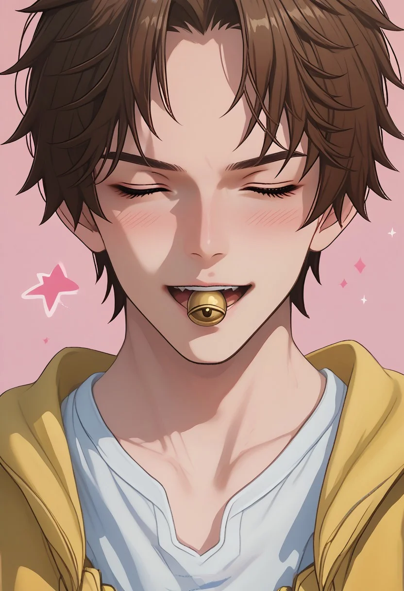 score_9, score_8_up, score_7_up, source_anime, rating_safe, Beiwuwa, 1boy, male focus, anime screencap, bell on mouth, open mouth, blushing, raised brows, closed eyes, happy, smiling, cute face, white shirt, upper body, simple pink wallpaper, star-symbol,