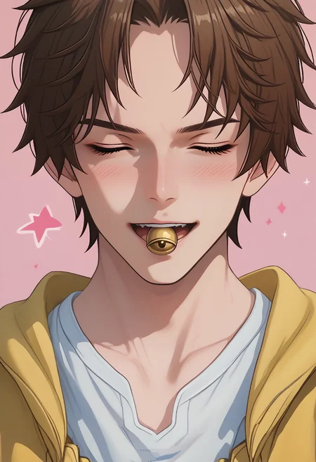 score_9, score_8_up, score_7_up, source_anime, rating_safe, Beiwuwa, 1boy, male focus, anime screencap, bell on mouth, open mouth, blushing, raised brows, closed eyes, happy, smiling, cute face, white shirt, upper body, simple pink wallpaper, star-symbol,