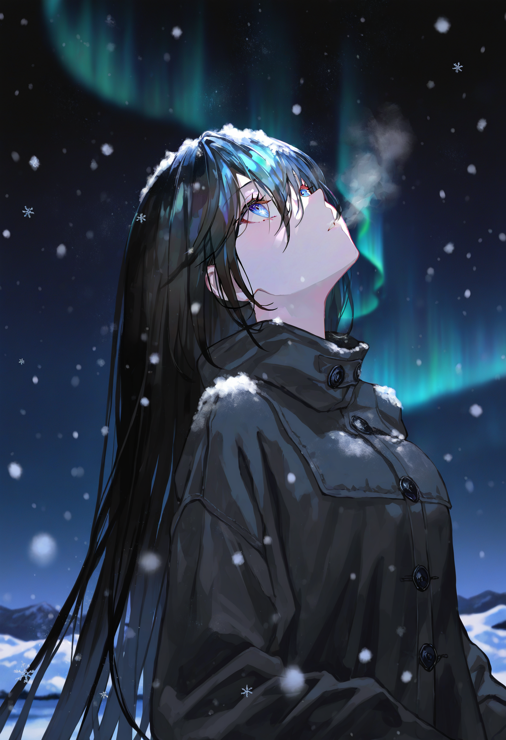 artist:[tokkyu|yoneyama mai|fuzichoco|diyokama|lack|lam \(ramdayo\)]
1girl, black hair, solo, snowing, snowflakes, aurora, looking up, long sleeves, night, parted lips, hair between eyes, winter, breath, dark, depth of field, 
masterpiece, best quality, very awa, absurdres 
<lora:noobai_vpred_1_masterpieces_v1:1>
