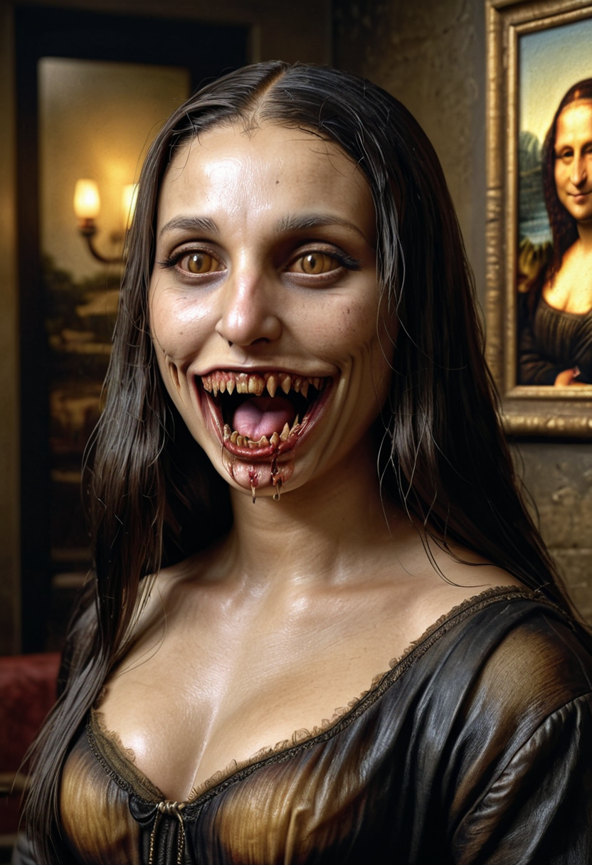 masterpiece, 4k, intricate details, highly-detailed, hyper-realistic. best lighting,
horror themed mona lisa, fangs, best quality, realistic photorealistic photo, ,
 <lora:bmovie-horror-SDXL:0.8>
