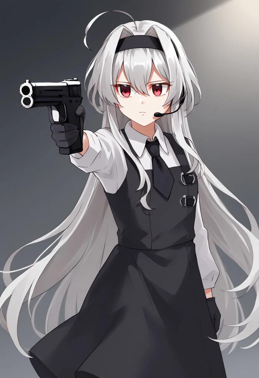 1girl, highres, solo, solo focus, Eve.aic, long hair, red eyes, hairband, ahoge, very long hair, bangs, hair intakes, hair between eyes, white hair, black hairband, headset, grey hair, 
shirt, white shirt, long sleeves, gloves, collared shirt, black gloves, dress, necktie, black dress, pinafore dress,
holding weapon, holding gun, handgun, aiming