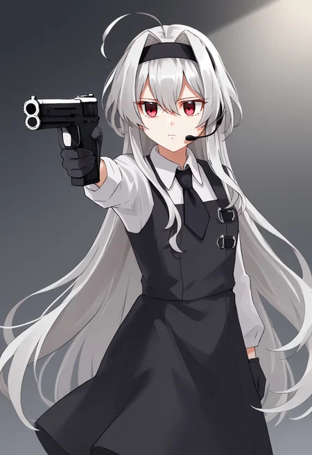 1girl, highres, solo, solo focus, Eve.aic, long hair, red eyes, hairband, ahoge, very long hair, bangs, hair intakes, hair between eyes, white hair, black hairband, headset, grey hair,
shirt, white shirt, long sleeves, gloves, collared shirt, black gloves, dress, necktie, black dress, pinafore dress,
holding weapon, holding gun, handgun, aiming