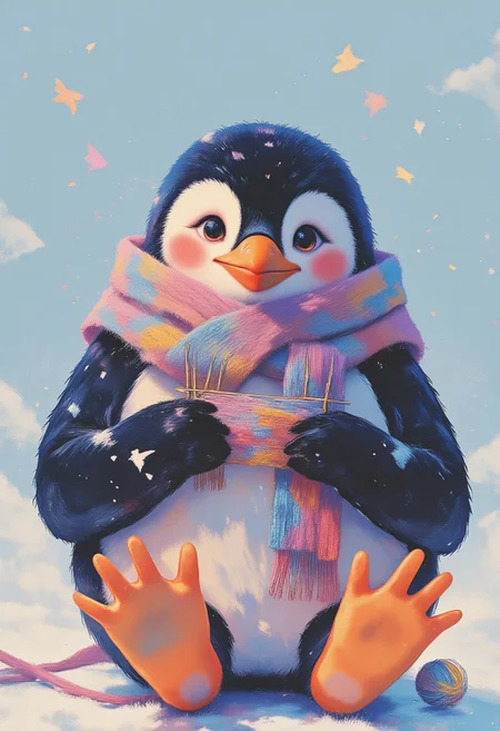 Jeddtlv3, aidmamj6.1, A fluffy penguin is sitting on a soft cushion, knitting a colorful scarf with tiny, comically oversized knitting needles. The penguin is so focused on its work that it’s tangled itself up in yarn, and there’s a look of confusion and determination on its face