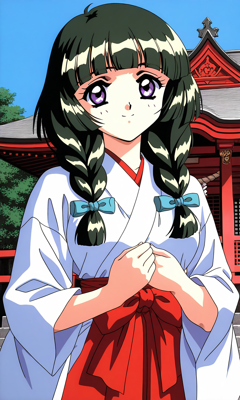 general,highres, ultra-detailed,very aesthetic,best quality ,best hands,  BREAK <lora:Kamiyama_Miko_OVA_IS:1>Kamiyama_Miko_OVA, 1girl,solo, dark green hair, twin braids, blunt bangs, hair over shoulder, 1990s (style), anime coloring, breasts,
miko, solo, japanese clothes, red hakama, skirt, hakama, hakama skirt, 
 purple eyes, long sleeves, long hair, smile, looking at viewer, wide sleeves, ribbon, hair ribbon, twintails, bow,
shrine, sky, Japan,