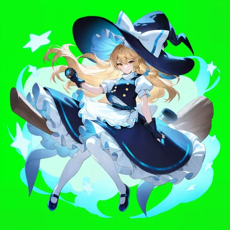 ,kirisame marisa, 1girl, solo, long hair, looking at viewer, smile, simple background, shirt, skirt, blonde hair, long sleeves, gloves, hat, bow, hair between eyes, closed mouth, white shirt, full body, yellow eyes, braid, short sleeves, hair bow, pantyhose, frills, shoes, black gloves, puffy sleeves, black skirt, fingerless gloves, black footwear, star \(symbol\), vest, apron, puffy short sleeves, black headwear, single braid, buttons, floating hair, blue bow, witch hat, white bow, frilled skirt, white apron, hat bow, side braid, waist apron, blue headwear, white pantyhose, mary janes, green background, black vest, broom, blue footwear, blue gloves, alternate color, petticoat, broom riding, frilled hat, holding broom, mini-hakkero,<lora:TestTestTest!\uuzan\Uuzan_Style_NBV1.safetensors:0.95:0.95>,,masterpiece,best quality,newest,absurdres,highres,very awa,detail background <lora:None:0.9500000000000002>