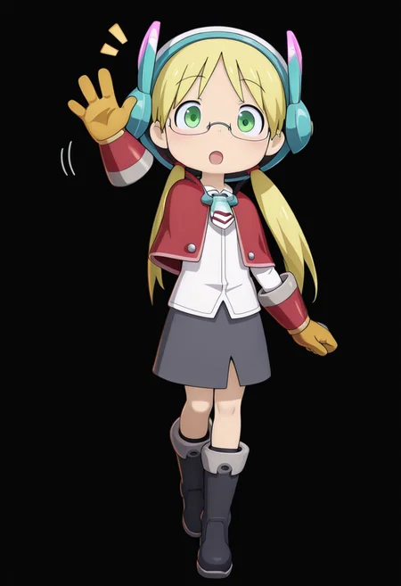 masterpiece, best quality, amazing quality, riko \(made in abyss\), blonde hair, green eyes, semi-rimless eyewear, long hair, low twintails, xdive, android, white shirt, boots, headband, hood, gray skirt, yellow gloves, full body, detailed background, black background, waving, holograms surrounding her