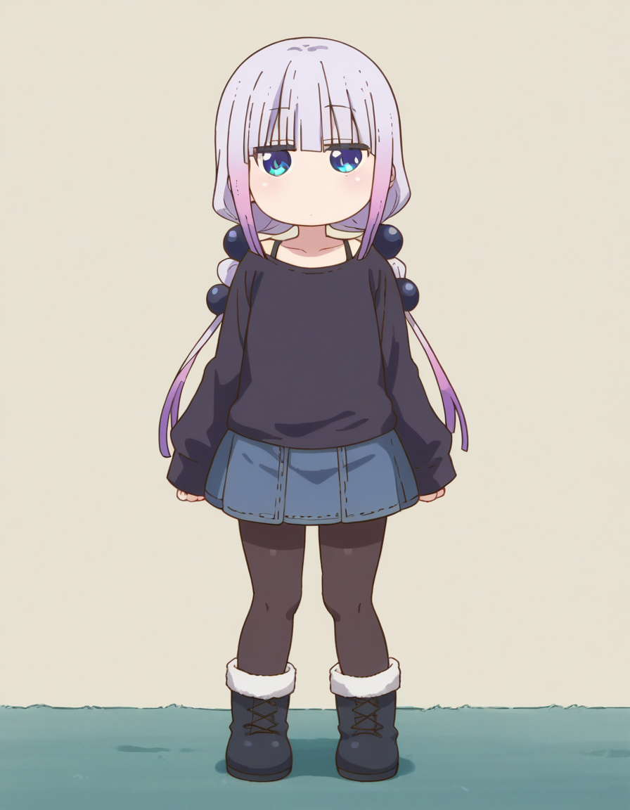 zPDXL, score_9, score_8_up, score_7_up, source_anime, (portrait),  <lora:KobayashiDragonPack:1> drgmd, 1girl, solo,
kanna kamui, petite, little girl, child, plump, purple hair, long hair, low twintails, blue eyes, flat chest , denim-skirt, (pantyhose), winter-coat, black-camisole, winter-boots, expressionless, dojikko_pose,