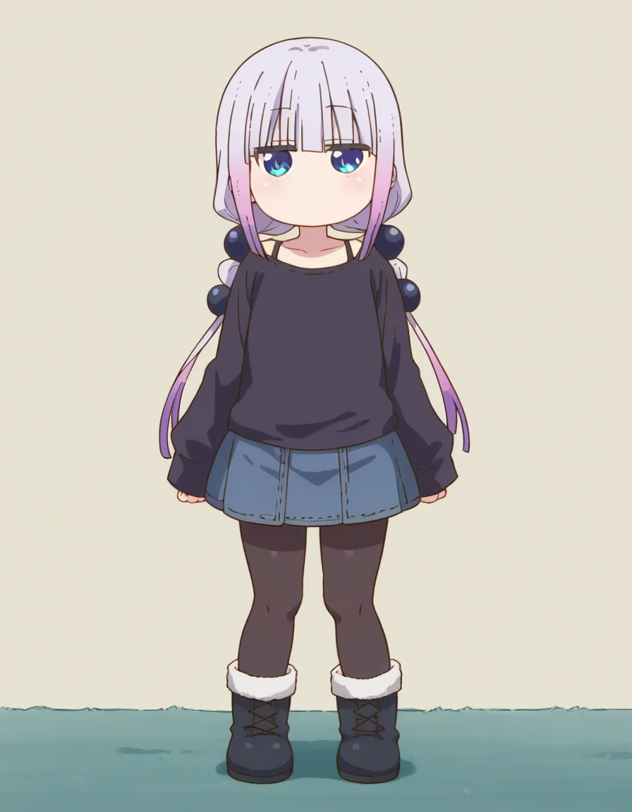 zPDXL, score_9, score_8_up, score_7_up, source_anime, (portrait), <lora:KobayashiDragonPack:1> drgmd, 1girl, solo,
kanna kamui, petite, little girl, child, plump, purple hair, long hair, low twintails, blue eyes, flat chest , denim-skirt, (pantyhose), winter-coat, black-camisole, winter-boots, expressionless, dojikko_pose,