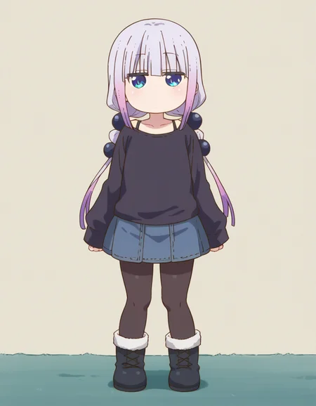 zPDXL, score_9, score_8_up, score_7_up, source_anime, (portrait), <lora:KobayashiDragonPack:1> drgmd, 1girl, solo,
kanna kamui, petite, little girl, child, plump, purple hair, long hair, low twintails, blue eyes, flat chest , denim-skirt, (pantyhose), winter-coat, black-camisole, winter-boots, expressionless, dojikko_pose,