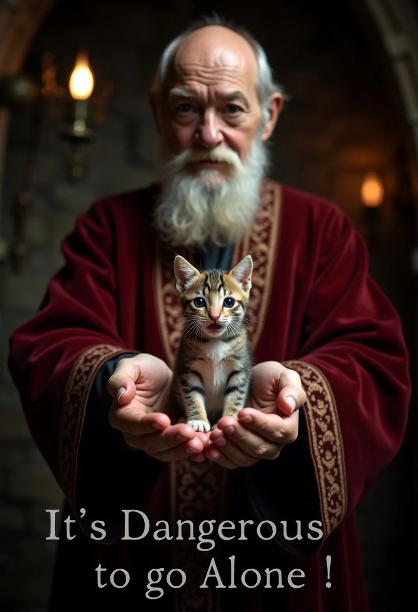 A perfect text title of crying kitten in the arms of an old man and white text title says, "It's dangerous to go alone!", retro game themed, sharp, detailed, epic cinematic image, artistic style, creative style, perfection, cinematic style, detailed text style, Kodak, 35 mm film style, widescreen, cinematography technique style, perfect text title style, English text,
Realistic photo of a . a realistic picture with a text.
Portrait of an old man holding out a kitten to the viewer. Bald old man with a white beard and moustache. He wears dark red wizard's robes with delicate gold embroidery. He stretches forward his open palms with the kitten. A tiny frightened kitten sits on his palms.
Background: indoors in a dark cave. The darkness in the cave is illuminated by two torches on either side of the old man.