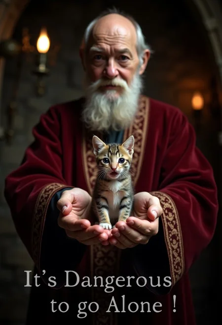 A perfect text title of crying kitten in the arms of an old man and white text title says, "It's dangerous to go alone!", retro game themed, sharp, detailed, epic cinematic image, artistic style, creative style, perfection, cinematic style, detailed text style, Kodak, 35 mm film style, widescreen, cinematography technique style, perfect text title style, English text,
Realistic photo of a . a realistic picture with a text.
Portrait of an old man holding out a kitten to the viewer. Bald old man with a white beard and moustache. He wears dark red wizard's robes with delicate gold embroidery. He stretches forward his open palms with the kitten. A tiny frightened kitten sits on his palms.
Background: indoors in a dark cave. The darkness in the cave is illuminated by two torches on either side of the old man.