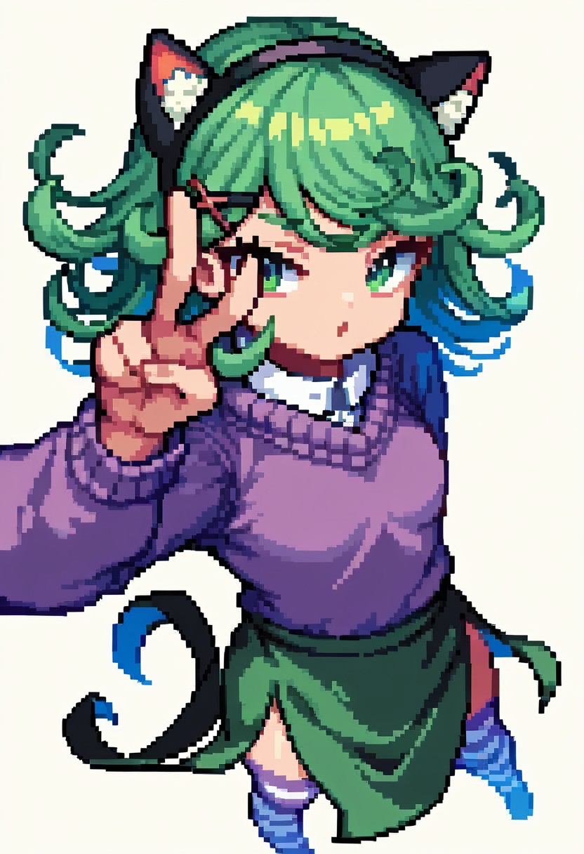 score_9, score_8_up, score_7_up, source_anime, tatsumaki, 1girl, green hair, long hair, green eyes, small breasts, bow hairband, green bow, hairclip, x hair ornament, purple sweater, wool sweater, heavy sweater, fluffy sweater, closed sweater, white undershirt, green skirt, white collar, black ribbon tie, long skirt, full-length skirt, covered legs, multicolored ribbon, striped stockings, virtual youtuber, simple background, white background, focus on face, selfie, v, from above,, cat girl, pixel art