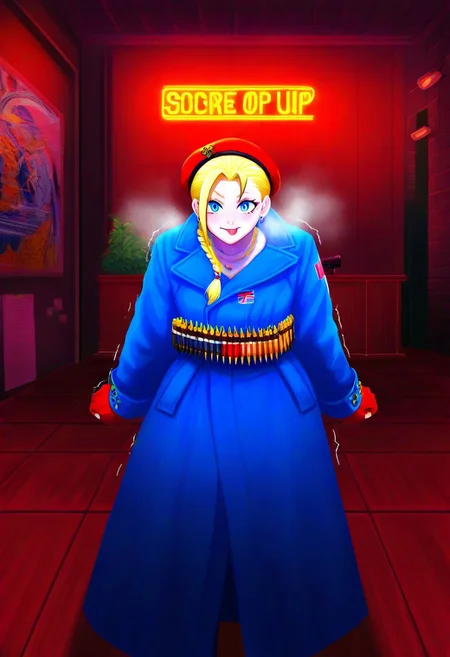 score_9,score_8_up,score_7_up,score_6_up,score_5_up,1girl, score_4_up,source_streetfighter,source_anime,source_game, (cammy_white),street_fighter,blonde_hair,blue_eyes,glowing eyes,cammy white,yrnwrld,tall woman,british flag print,ahoge, short hair,(slit pupils),(bandaged arm),(pale skin),curvy,frown, smile,big eyes,clenching fists,(tongue),wide hips,thick thighs, thick legs,narrow waist,(tattoos:1.4),(tattoo),hairclip,(earrings), red gloves,red beret,hair_ornament,red beret,long braid,cute, (dark blue pants),flag print shirt,blue jacket,long sleeves,gold necklace,backpack,bag,brown belt,gun case,holding cassette, long shirt,red rug,museum,glimmer,artistic paintings,big plant pot,(tiles:1.4),lamps on the wall,wooden wall,exit sign,posters, (sparkles:1.4),neon lights,brochures,(wooden showcase),(hand sign),shiny skin,dynamic pose,indoors,(motion lines:1.4),(thick outlines:1.4),(trembling lines:1.4),sweat,jewelry,steam,(steamy breath),(spoken kitty cat),(bullet belt),((weapons)),(television), masterpiece,best_quality,newest,absurdres,best shadow,light particles,highly detailed background,amazing quality,highly detailed_skin,very_detailed_clothes,power_lines,speed lines, emphasis_lines,very_aesthetic,dynamic_angle,high quality,4k, best shadow,<lora:add-detail-xl:1.5>